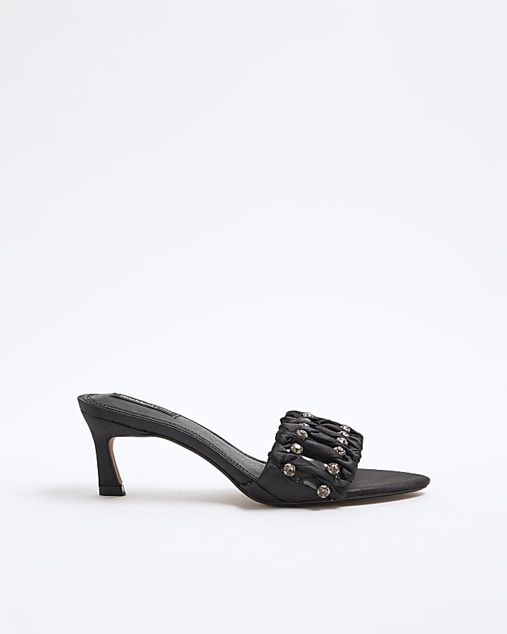 Black Satin Embellished Heeled Sandals