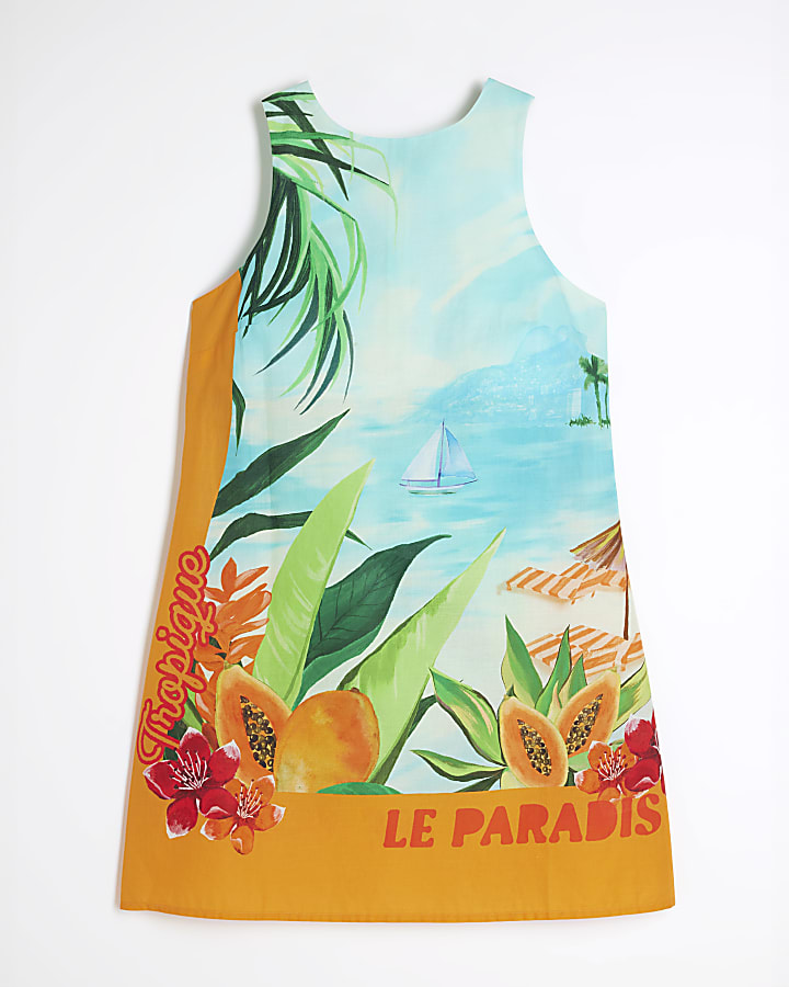 Blue Tropical Print Mini Shift Dress