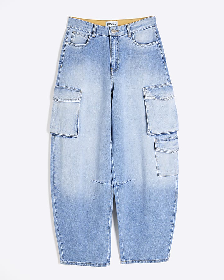 Blue Cargo Pocket Barrel Leg Jeans