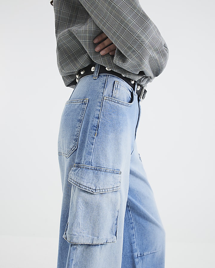 Blue Cargo Pocket Barrel Leg Jeans