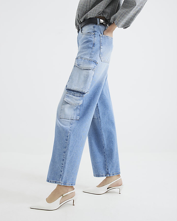 Blue Cargo Pocket Barrel Leg Jeans