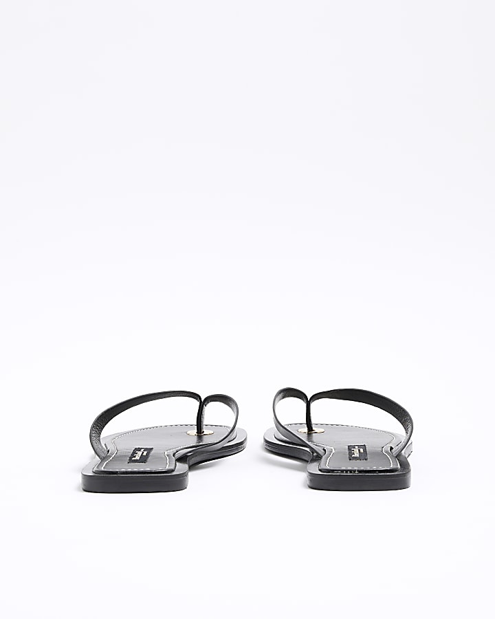 Black Wide Fit Leather Flat Sandals