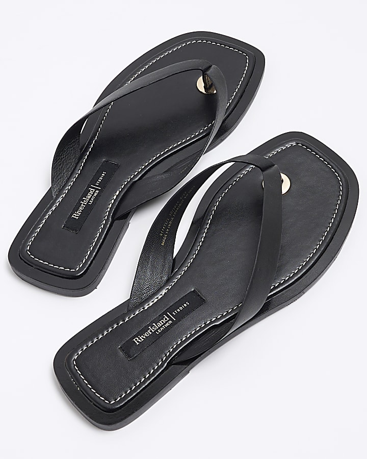 Black Wide Fit Leather Flat Sandals