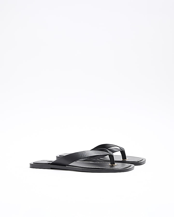 Black Wide Fit Leather Flat Sandals