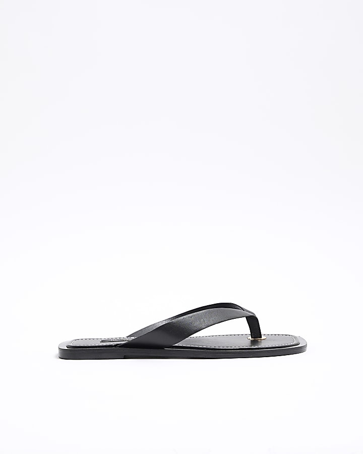 Black Wide Fit Leather Flat Sandals