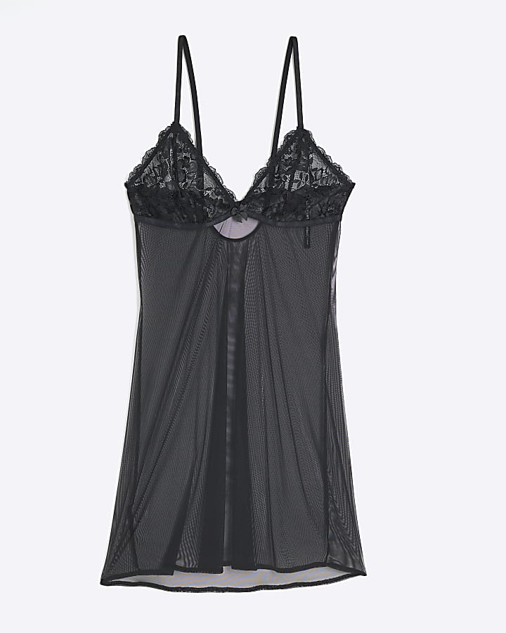 Black Mesh Lace Slip Dress