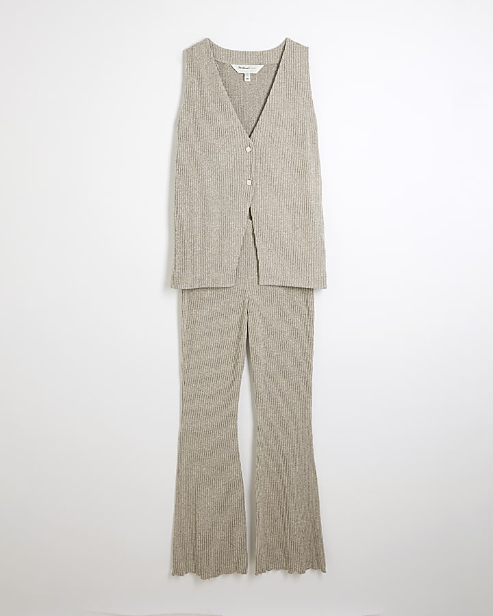 Beige Ribbed Waistcoat and Flares Lounge Set