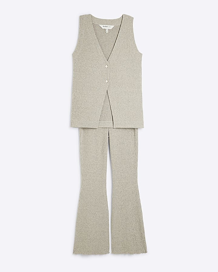 Beige Ribbed Waistcoat and Flares Lounge Set