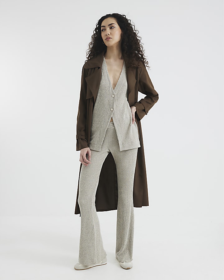 Beige Ribbed Waistcoat and Flares Lounge Set