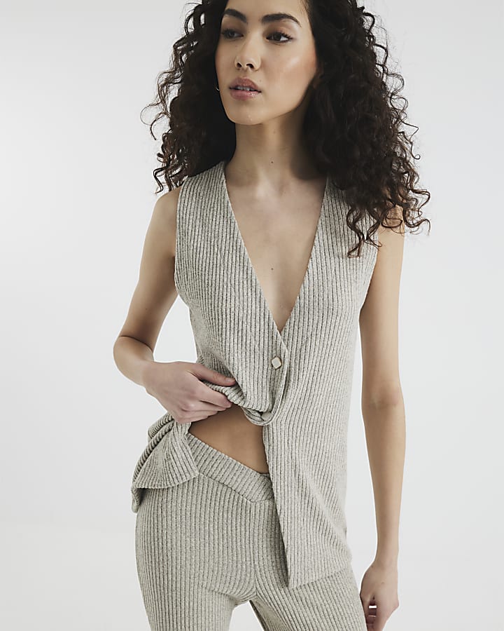 Beige Ribbed Waistcoat and Flares Lounge Set