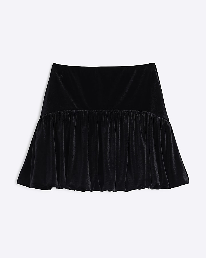 Black Velvet Puffed Hem Mini Skirt