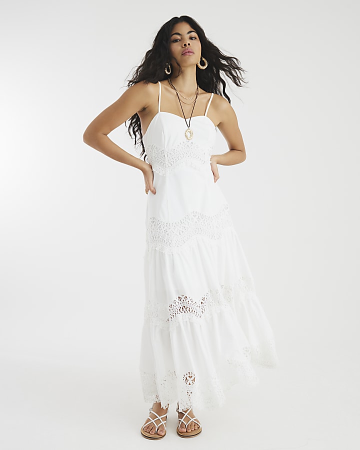 White Lace Detail Cami Midi Dress