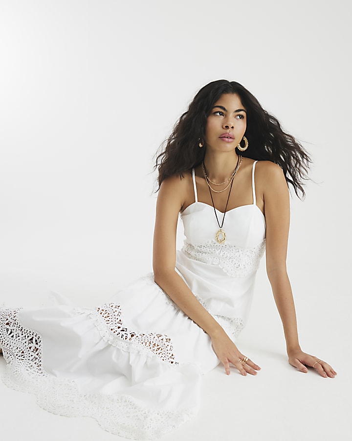 White Lace Detail Cami Midi Dress