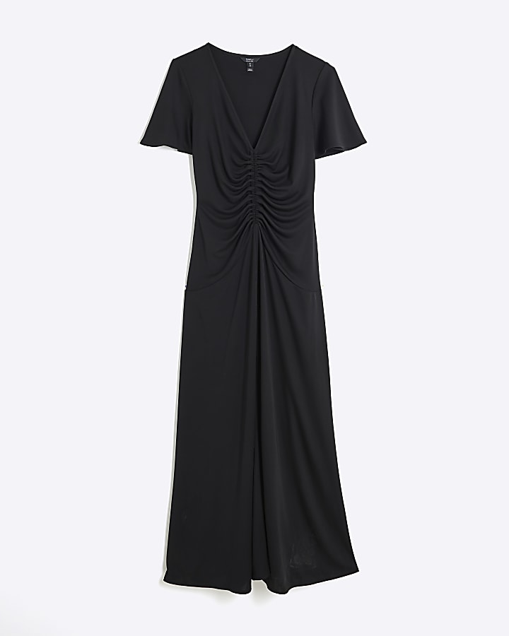 Black Short Sleeve Ruched Midi Dress