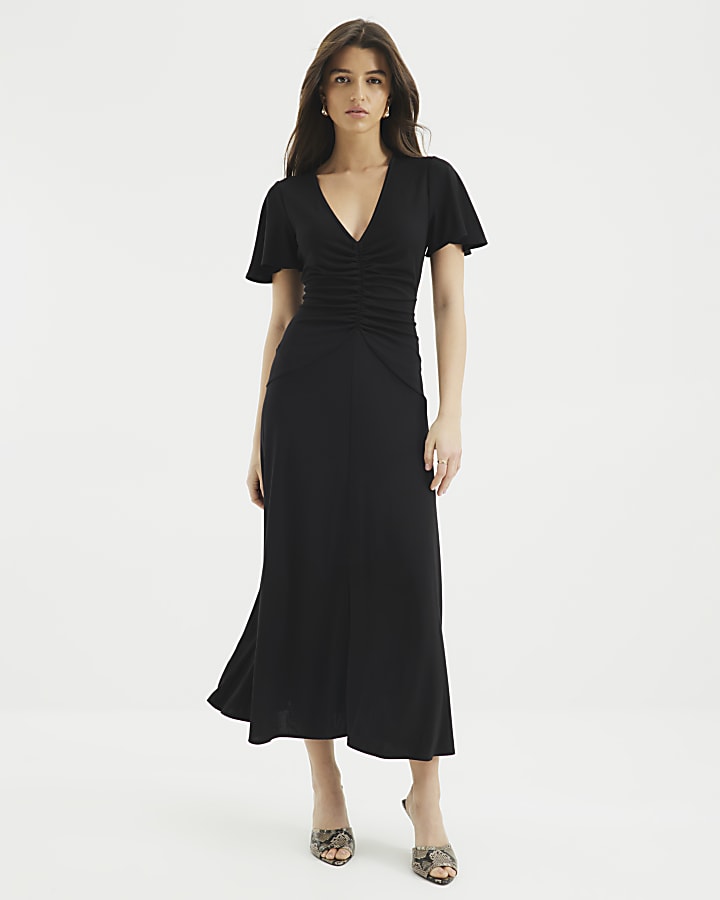 Black Short Sleeve Ruched Midi Dress