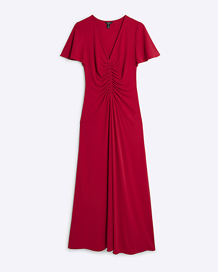 Red Short Sleeve Ruched Midi Dress