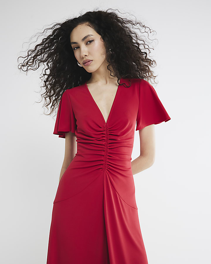 Red Short Sleeve Ruched Midi Dress