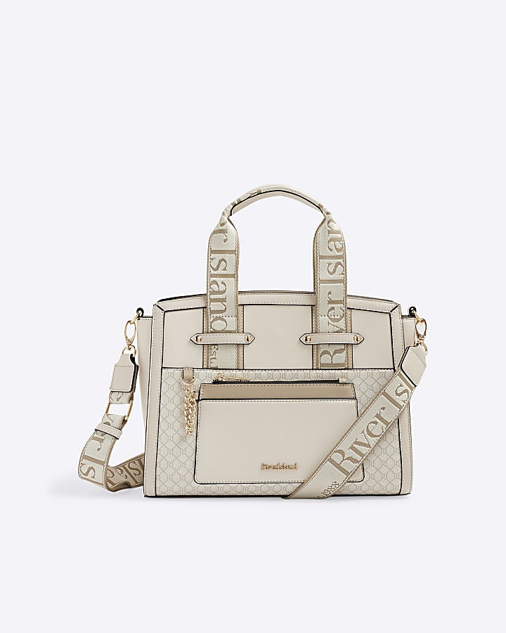 Cream Webbing Handle Monogram Tote Bag