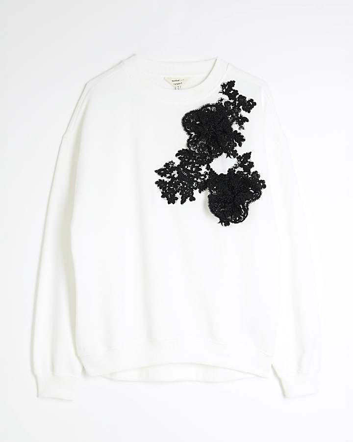 Cream Lace Applique Flower Sweatshirt