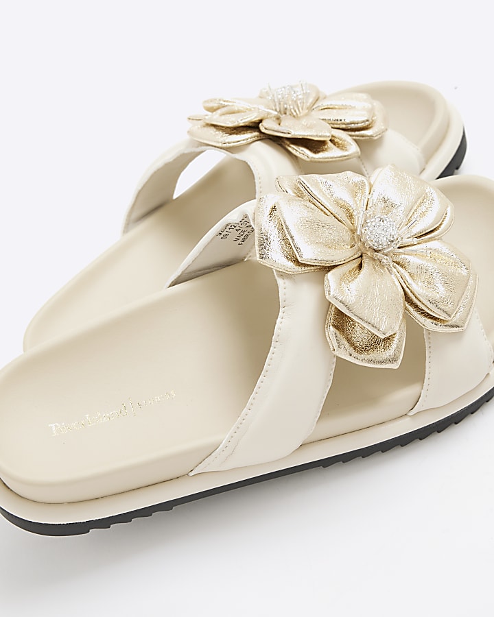 Cream Flower Embellished Flat Sandals