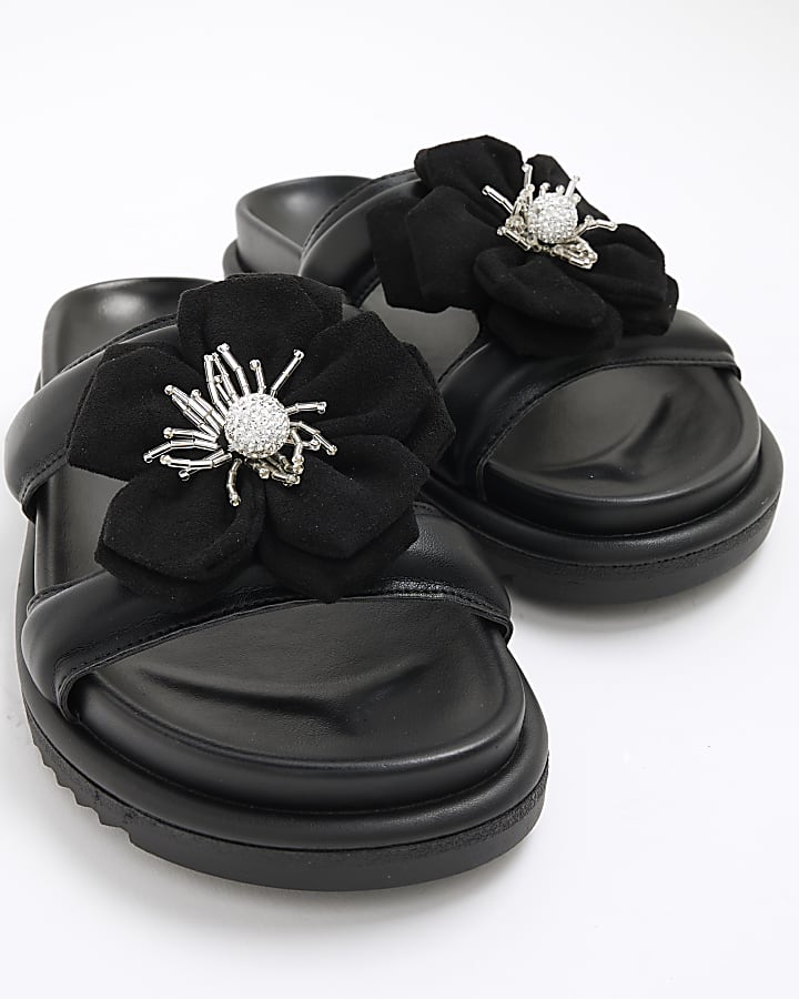 Black Flower Embellished Flat Sandals