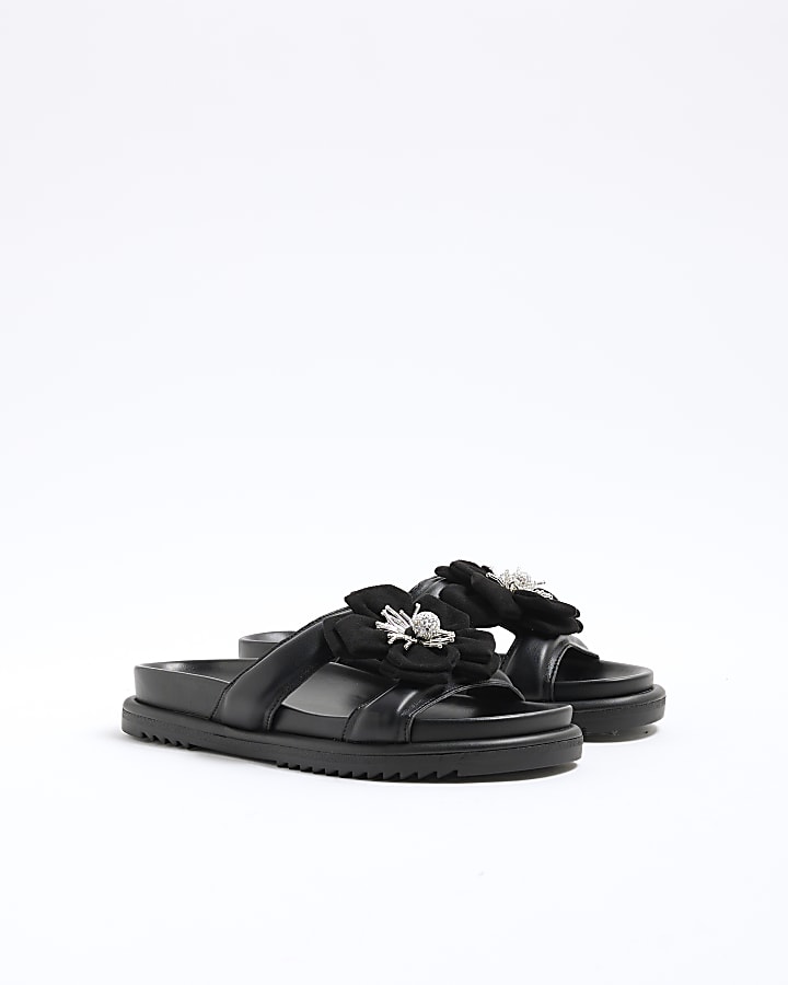 Black Flower Embellished Flat Sandals