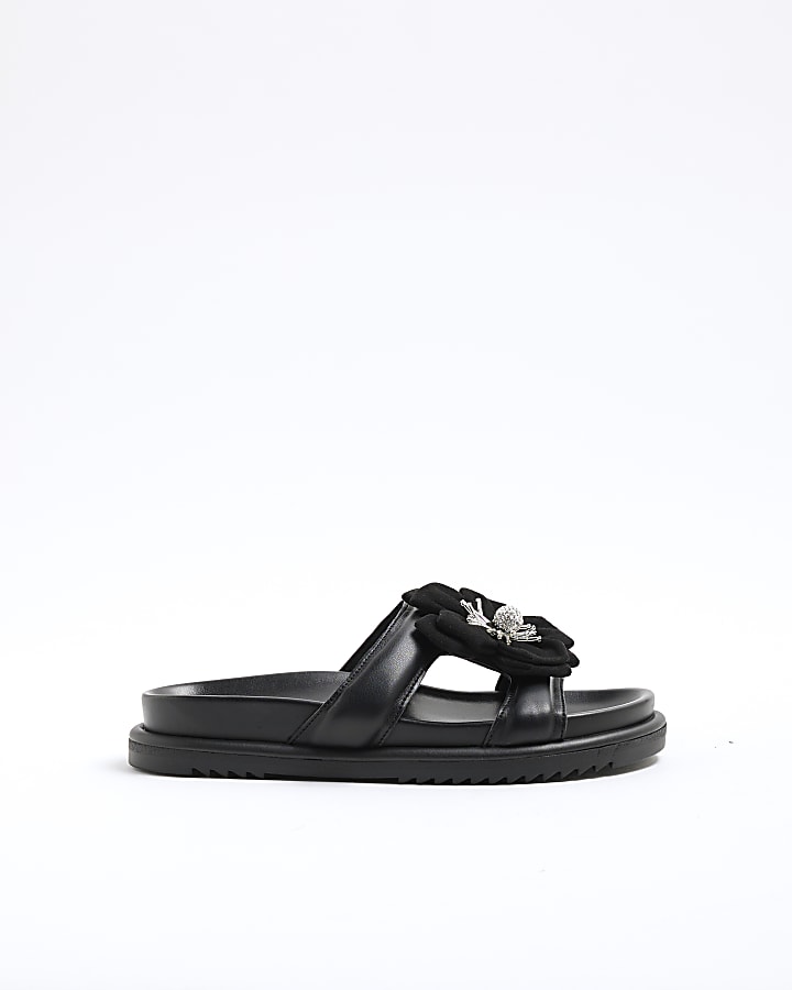 Black Flower Embellished Flat Sandals