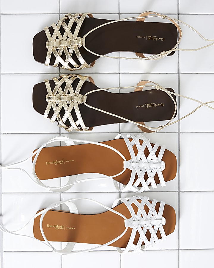 Gold Leather Caged Tie Up Flat Sandals