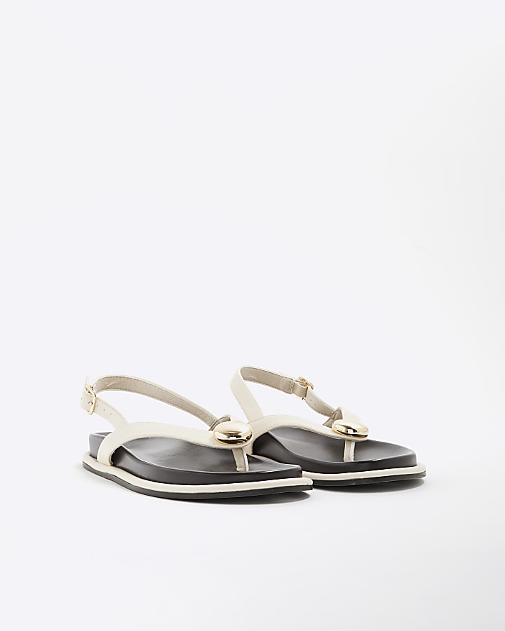 Cream Gold Detail Toe Thong Footbed Sandals