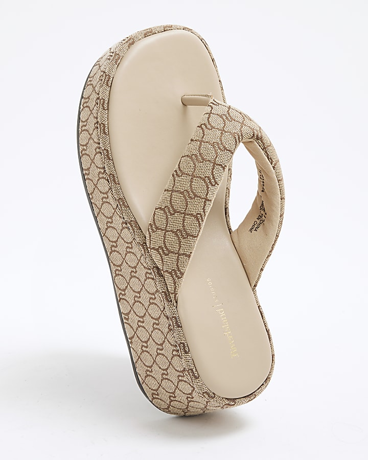 Beige Monogram Flip Flop Wedge Sandals