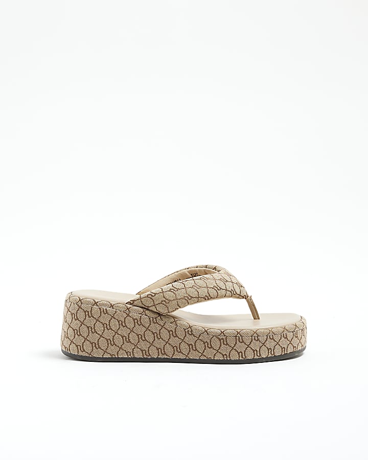 Beige Monogram Flip Flop Wedge Sandals