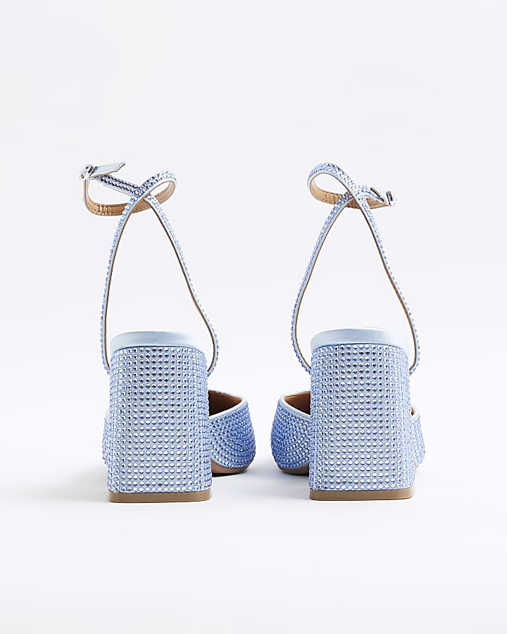 Blue Square Toe Embellished Block Heels