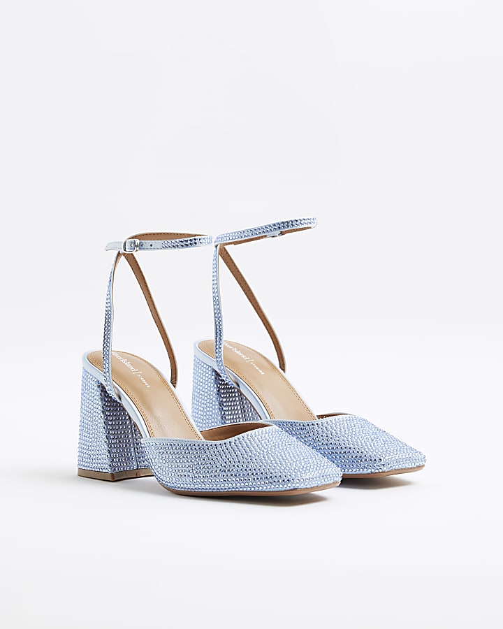 Blue Square Toe Embellished Block Heels