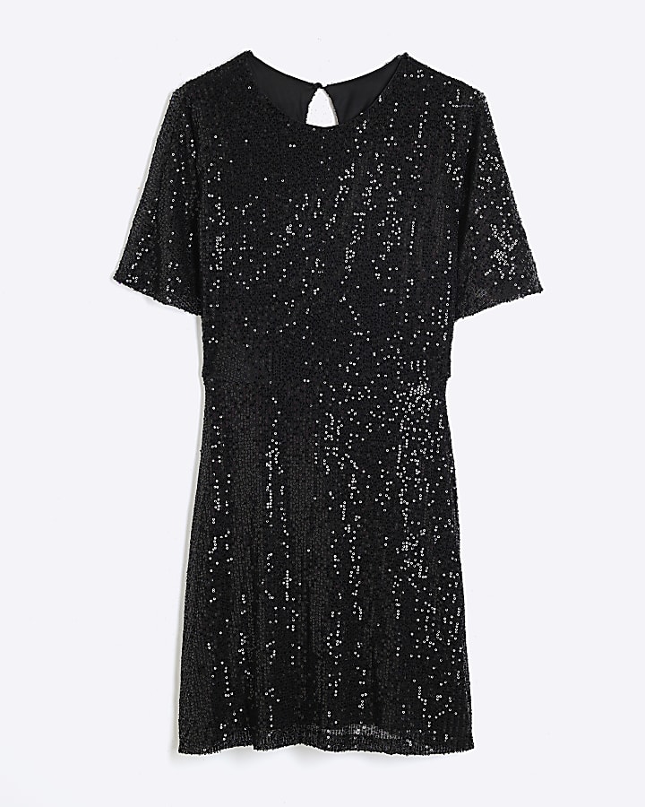 Black Short Sleeve Sequin Skater Dress