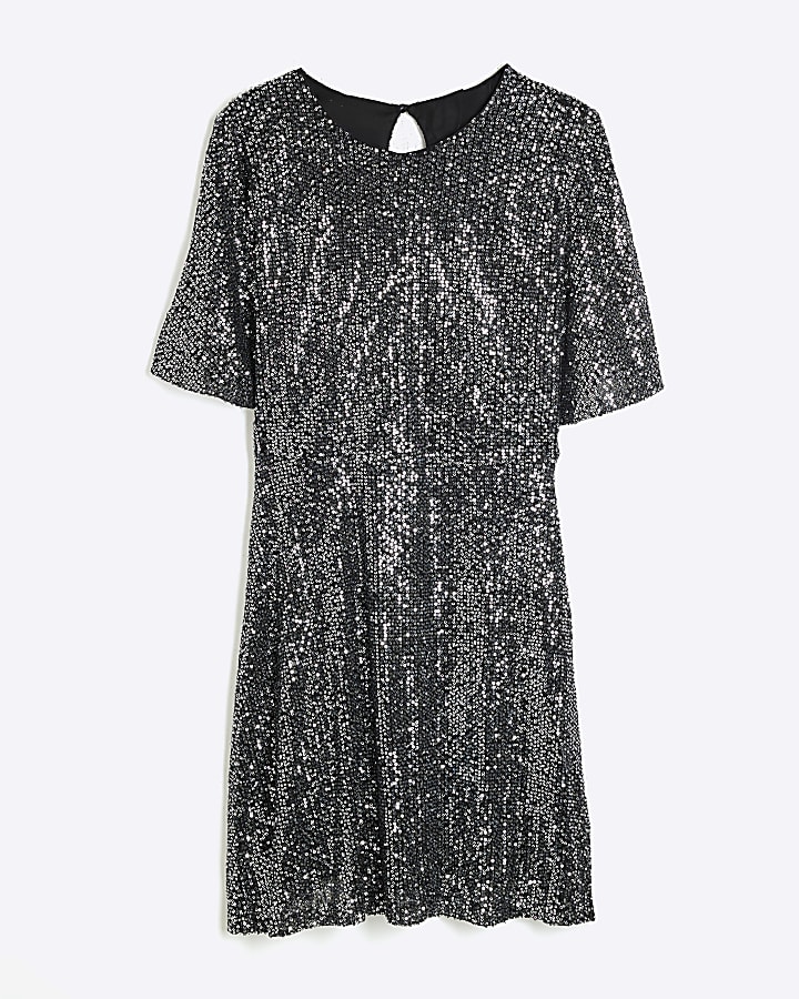 Silver Fluted Sleeve Sequin Mini Dress