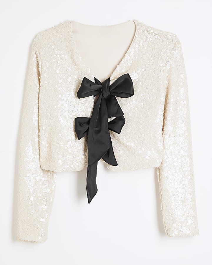 Cream Long Sleeve Bow Sequin Top