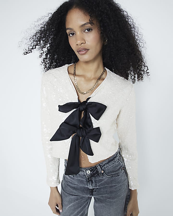 Cream Long Sleeve Bow Sequin Top