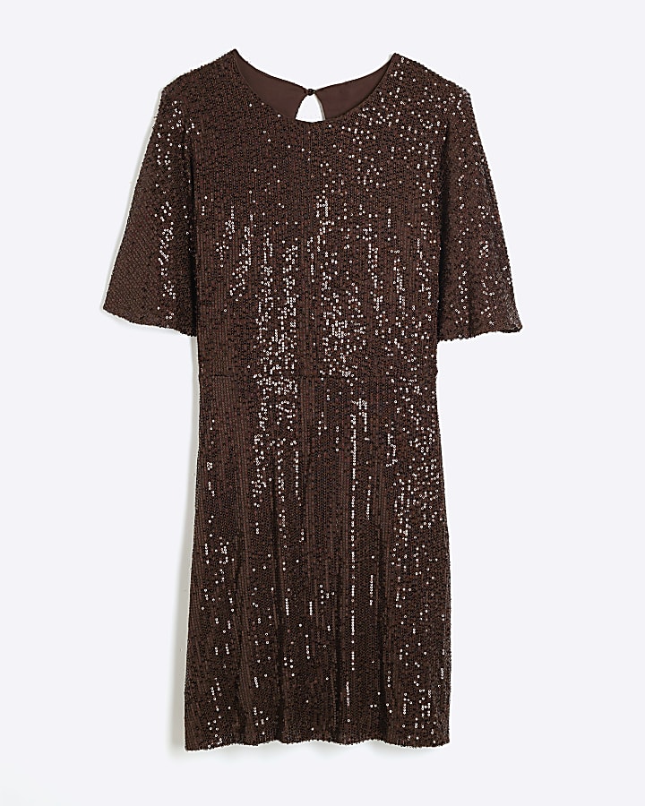 Brown Fluted Sleeve Sequin Mini Dress