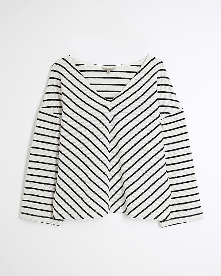 Petite Cream Long Sleeve Stripe V Neck Top