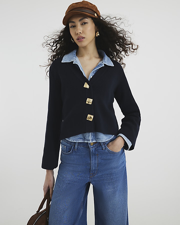 Navy Long Sleeve Button Cardigan