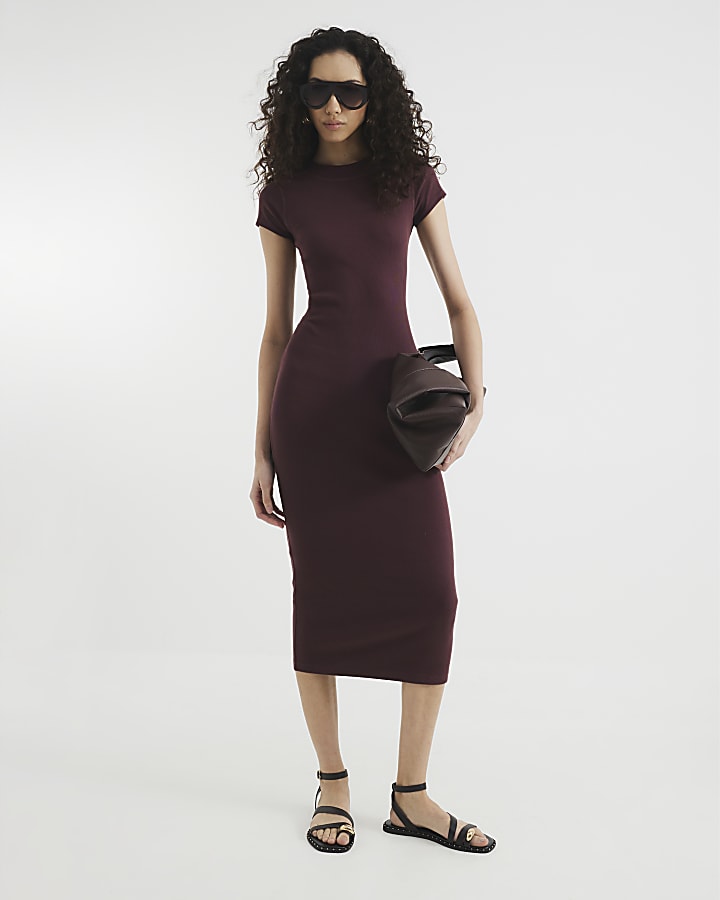 Red Cap Sleeve Ribbed Midi Dress