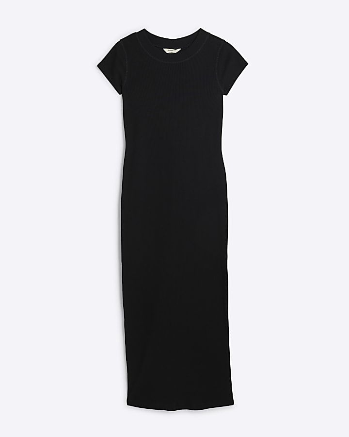 Black Cap Sleeve Ribbed Midi Dress