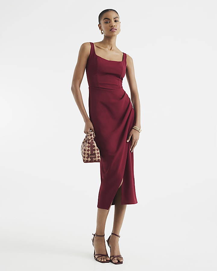Red Sleeveless Strappy Pencil Midi Dress