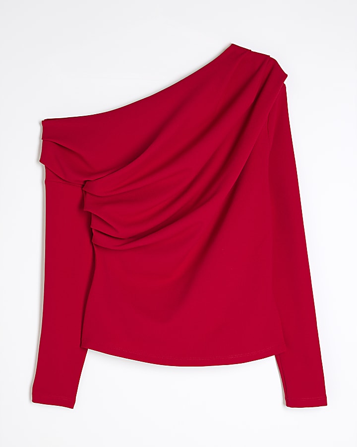 Red Drape Long Sleeve Top