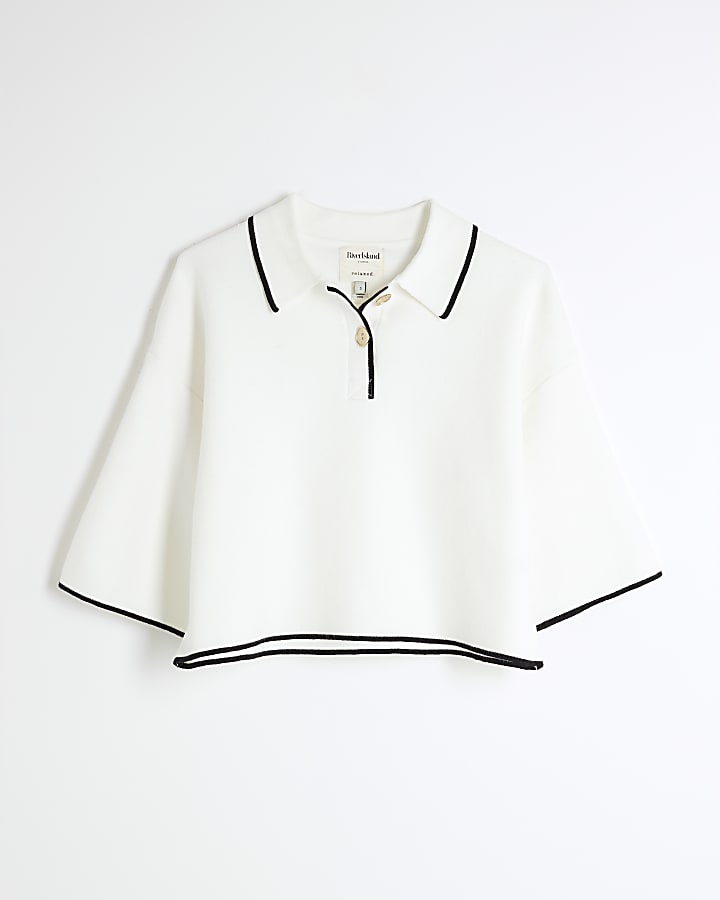 Cream Boxy Cropped Knit Polo Top