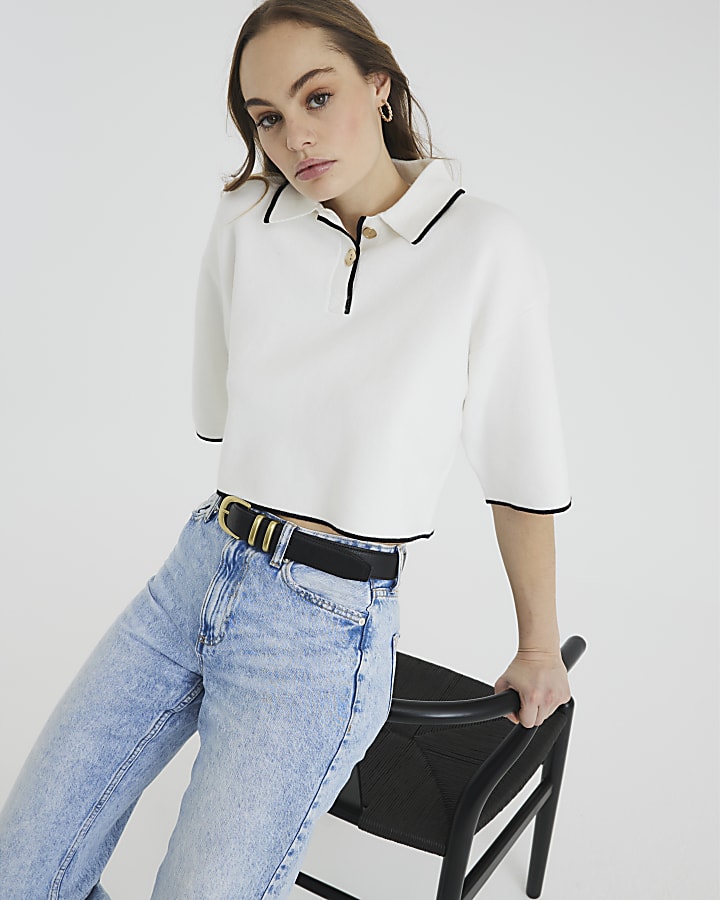 Cream Boxy Cropped Knit Polo Top