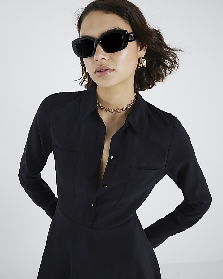 Black long sleeve Mini Shirt Dress