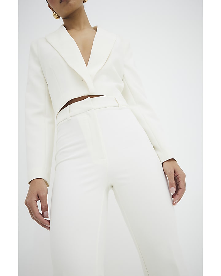 Cream Cropped Flared Trousers