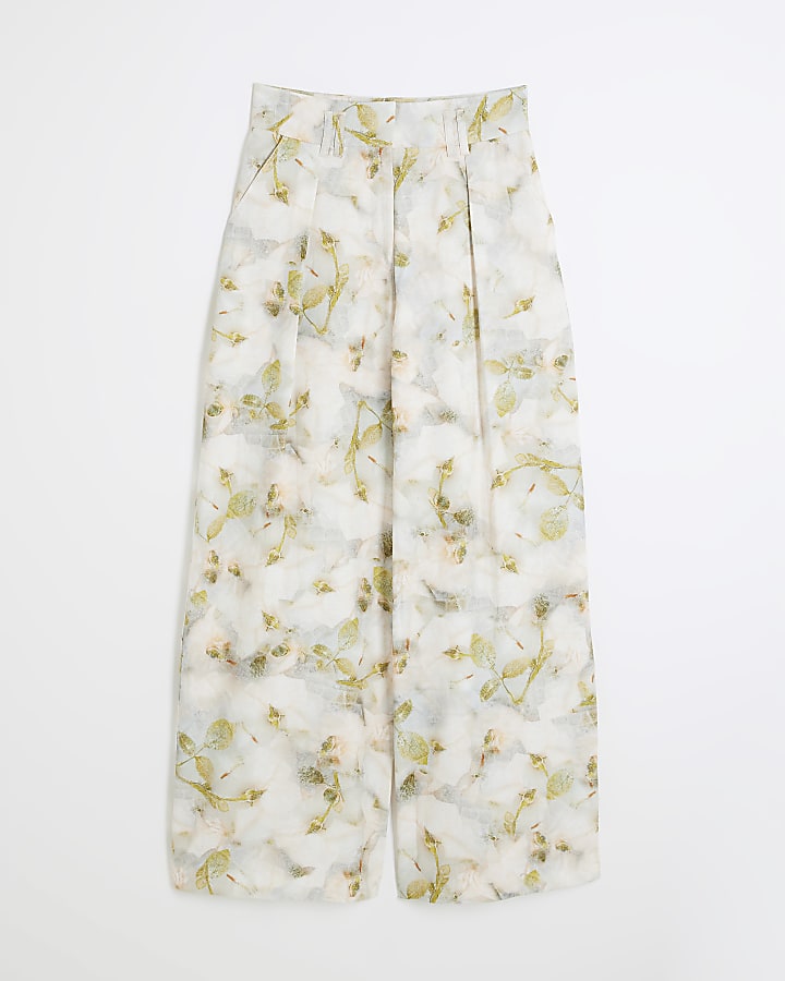 Grey Floral High Waisted Wide Leg Trousers