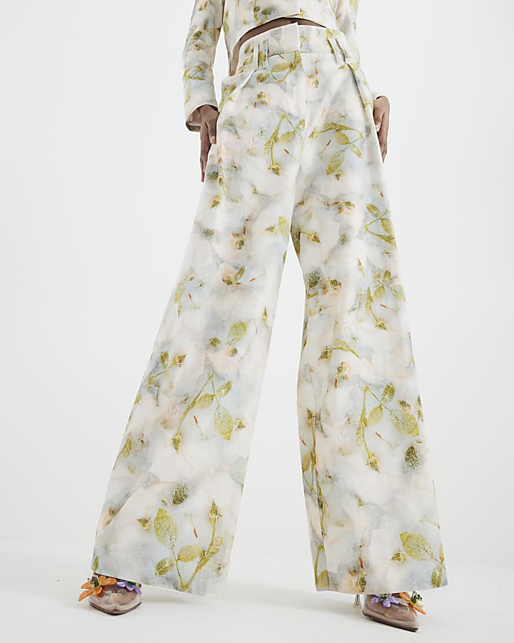 Grey Floral High Waisted Wide Leg Trousers